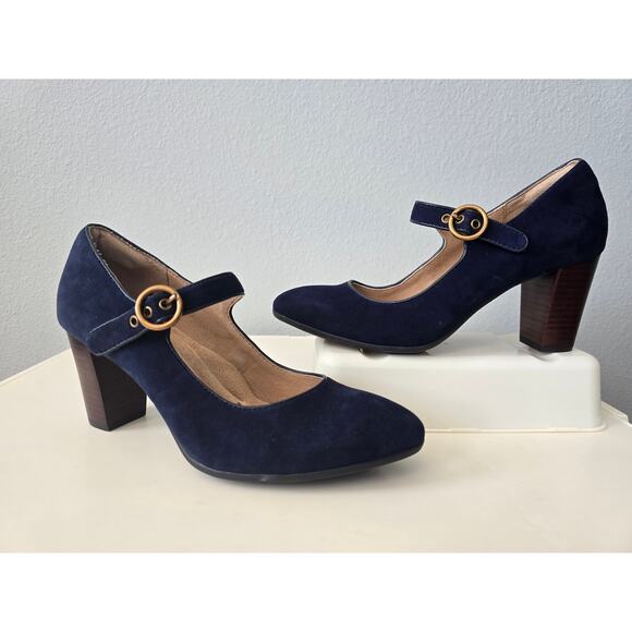 Söfft Navy Suede Mary Jane Heels 7M | Vintage-Inspired Block Heel Round Toe - Picture 1 of 11